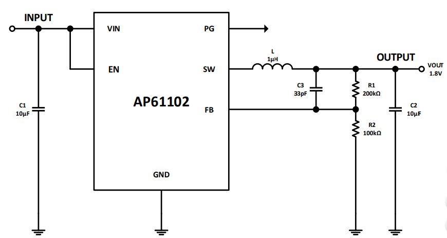 Applikations-Schaltungsdiagramm - Diodes Incorporated AP61102 Schaltspannungsregler